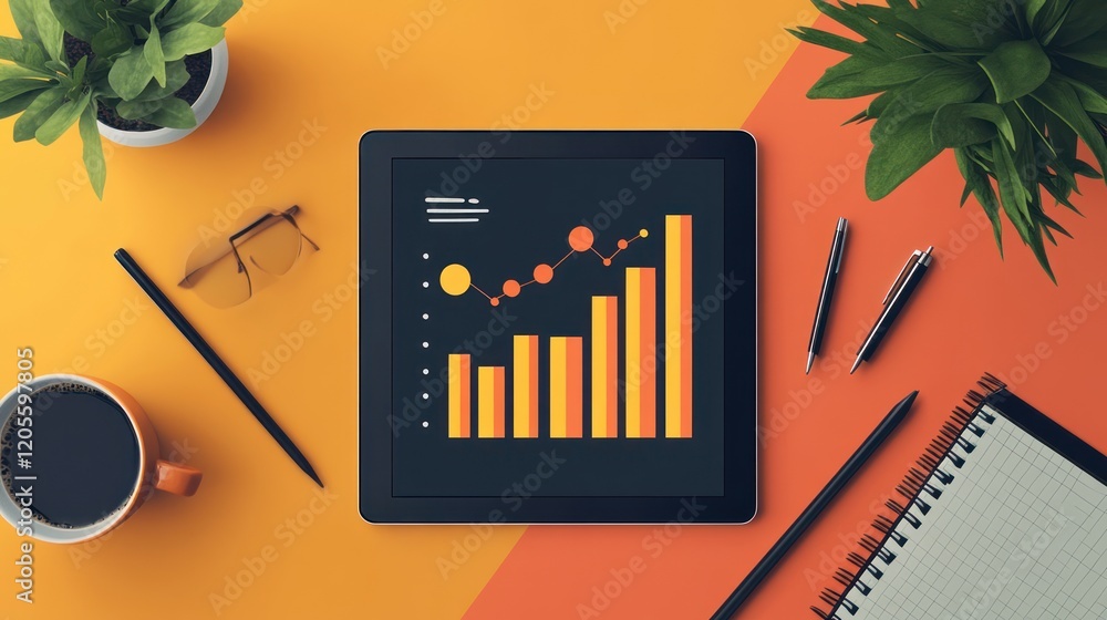 Poster tablet displaying upward trending bar graph on vibrant workspace.