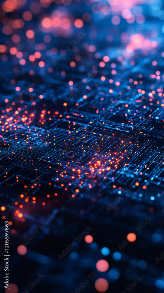 Aufkleber Complex electronic circuit board with glowing nodes, symbolizing data transmission and processing in a futuristic technological context