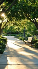 Tranquil Hospital Garden Pathway Featuring Brown Bench Under Lush Trees at Sunset