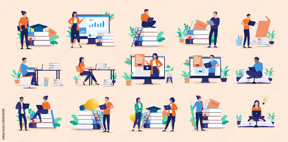Aufkleber Education and study illustrations collection - Vector set bundle of various students reading, learning, taking courses and doing school work with books and computers in flat design style