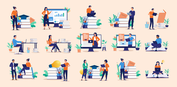 Education and study illustrations collection - Vector set bundle of various students reading, learning, taking courses and doing school work with books and computers in flat design style