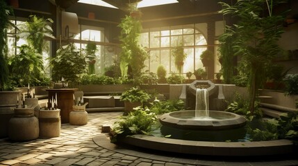 A photo of a peaceful spa indoor herb garden.