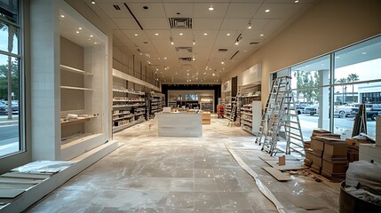 Modern retail store interior under construction, daytime