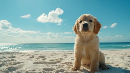 A playful golden retriever puppy sits on white sand, gazing at the horizon where blue waves meet the sky, enjoying a sunny day at the beach.