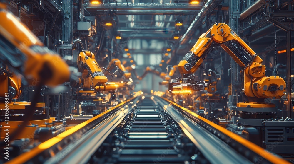 Poster a factory with robots on the floor