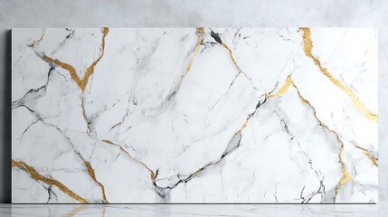 Obraz premium A white marble granite background features a gold texture, complemented by a black patterned graphic. The overall design is abstract and elegant, set against a light gray floor.