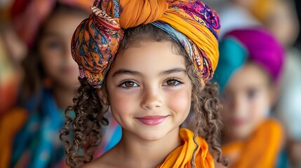 Fototapeta premium An expressive young girl in a patterned textile turban poses for a close-up advertising visual.