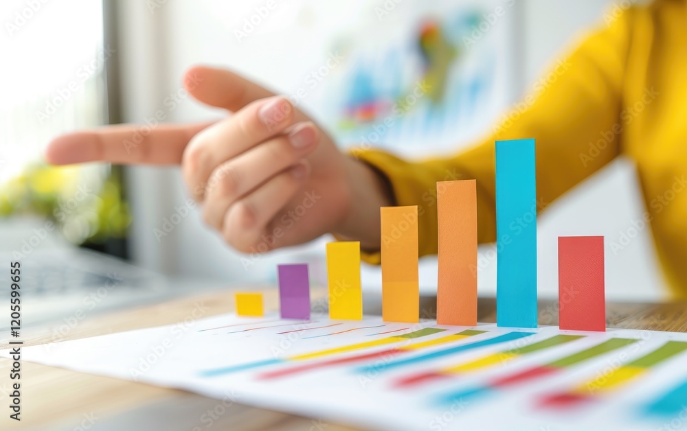 Poster colorful bar graph with hand pointing in a bright workspace.