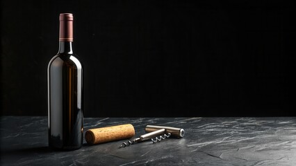 Dark Wine Bottle with Red Capsule and Corkscrew on Stone Surface