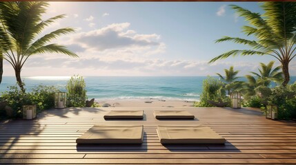 A photo of a pristine beachfront yoga platform
