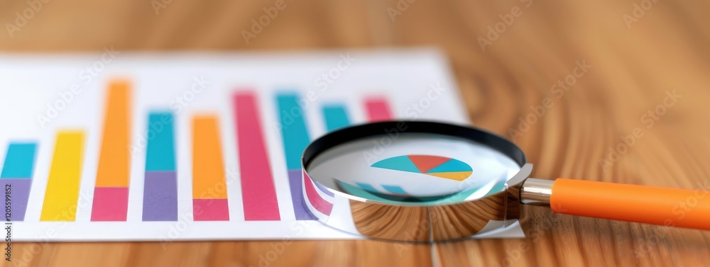 Poster analysis of data with a magnifying glass on colorful charts.