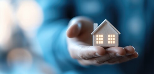 Hand holding a miniature house with glowing windows.