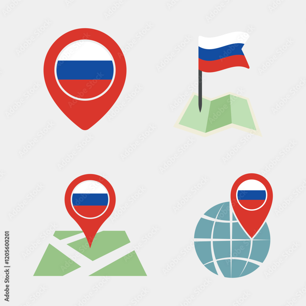 Poster russia flag map pointer set, national flag of russian federation symbols