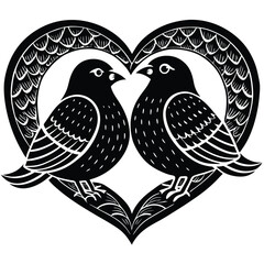 Romantic Black and White Love Birds Illustration - Heart-Shaped Bird Design