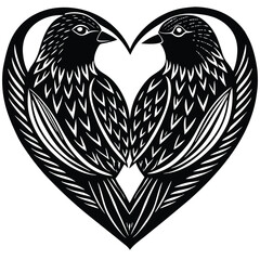Romantic Black and White Love Birds Illustration - Heart-Shaped Bird Design