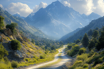 Mountain Road Winding Through Majestic Peaks