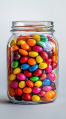 Colorful Candies in a Glass Jar Create a Playful Display Against a Clean White Backdrop. Generative AI