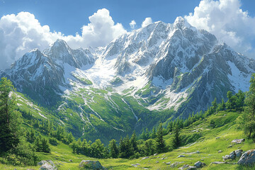Obraz premium Majestic snow capped mountains overlook verdant valley