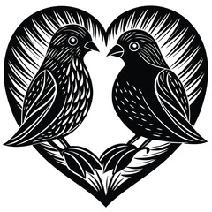 Romantic Black and White Love Birds Illustration - Heart-Shaped Bird Design