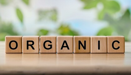 有機体オーガニックを意味する英語単語のORGANICの文字が書かれた木製のキューブブロック。 aiで生成	