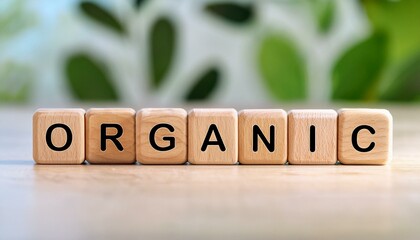 有機体オーガニックを意味する英語単語のORGANICの文字が書かれた木製のキューブブロック。 aiで生成	