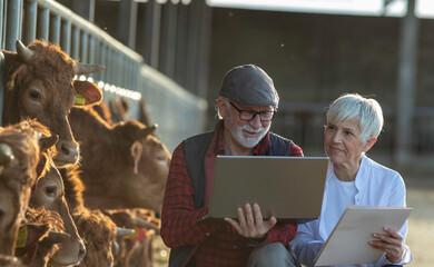 Farmer and veterinarian checking Red Angus cattle on ranch
