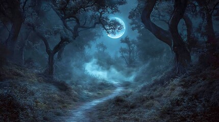 Obraz premium An eerie forest showcasing a moonlit pathway, cloaked in mist, with a subtle Halloween influence.