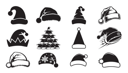 Santa Hat Silhouette Design Bundle Vector Isolated On White Background.