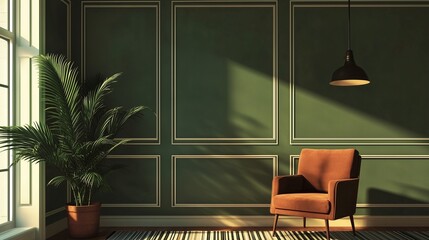 Fototapeta premium Cozy living space with green walls and stylish armchair illuminated by natural light