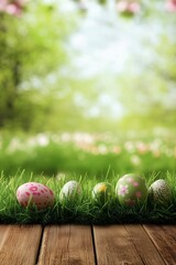 Fototapeta premium Colorful Easter eggs resting on green grass in a sunny outdoor setting