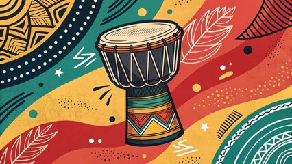 Djembe Drum Showcasing Colorful Geometric Patterns Among Abstract African-Inspired Designs