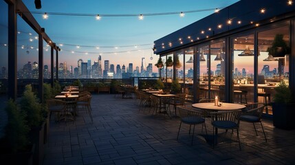A photo of a rooftop restaurant interior with city sky