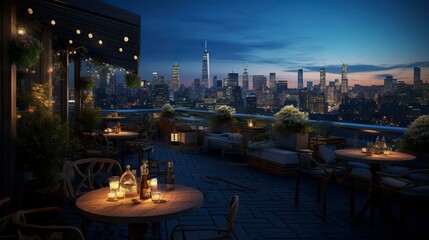 Naklejka premium A photo of a rooftop restaurant interior with city sky