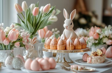 Festive spring dessert table with bunny centerpiece and pastel decorations for a joyful gathering