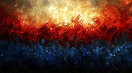 Fototapeta premium Abstract Impasto Painting Fiery Sunset Deep Ocean Blue Textured Canvas Art