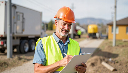Caucasian man inspecting utility site with clipboard, focused diligence