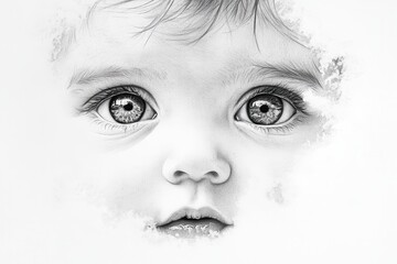Obraz premium Highly Detailed Black and White Drawing of a Baby With Expressive Big Eyes on a White Background. Generative AI