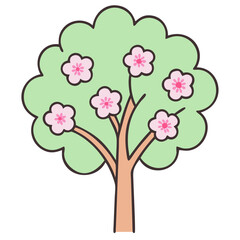 Flowering tree vector illustration with pink blossoms, A cute vector illustration of a flowering tree with pink blossoms, featuring a rounded, green canopy and a simple brown trunk.
