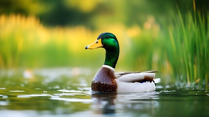 Obraz premium Thriving Duck Swimming in Lush Rice Field with Reflected Nature in Peaceful Wetland Ecosystem