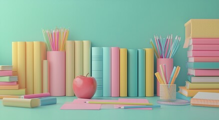 Colorful stationery and books arranged neatly on a pastel background for study or creative work