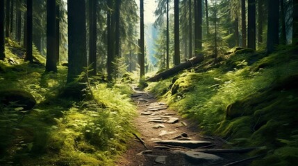Fototapeta premium A photo of a scenic hiking trail winding through a lush forest