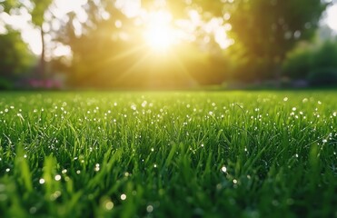 Fototapeta premium Morning sunlight glimmers on dew-covered grass in a serene park landscape