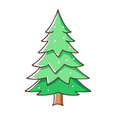 Vector cartoon Christmas tree with snow and green layers, A festive vector illustration of a Christmas tree with green layered foliage and snow accents, featuring a simple brown trunk. 
