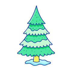 Cartoon Christmas tree with green layers and snow, A playful illustration of a Christmas tree with layered green foliage, a yellow trunk, and a snowy base, evoking a festive, wintery feel. 
