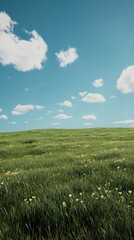 Fototapeta premium A serene landscape featuring lush green fields under a bright blue sky.