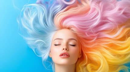 Fototapeta premium Vibrant pastel hair flowing against a blue background