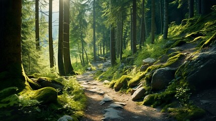 Obraz premium A photo of a scenic hiking trail winding through a lush forest