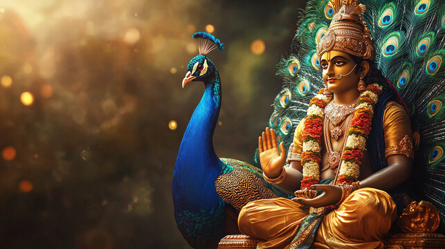 lord god Kartikeya (Murugan, Subrahmanya) seated with his Vel and peacock, Happy Thaipusam background