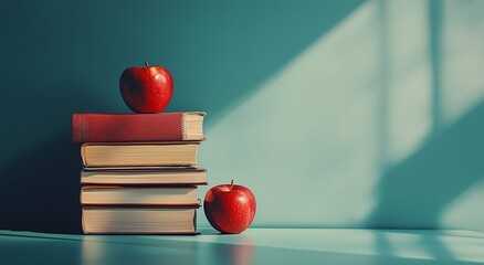 Stacked books with red apples on a teal background illuminated by soft sunlight in a cozy setting