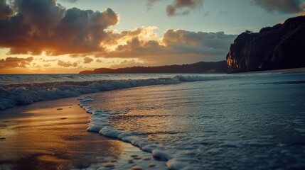 Obraz premium Serene Coastal Sunset with Waves Crashing on the Shore Under a Cloudy Sky